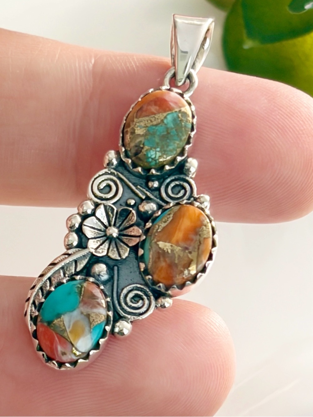 Pure Sterling Silver 925 Genuine Oyster Copper Turquoise Pendant Southwest New